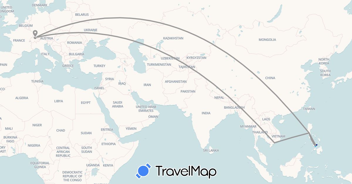 TravelMap itinerary: driving, plane, boat in Switzerland, Philippines, Vietnam (Asia, Europe)